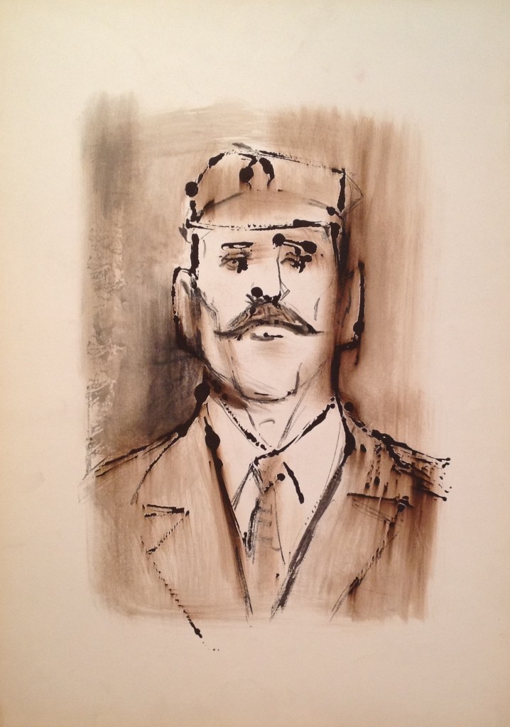 Addio soldato addio di Gigi Busato, ritratto di un uomo in divisa pronto per partire. Disegno smalto-gesso su carta, collezione di famiglia