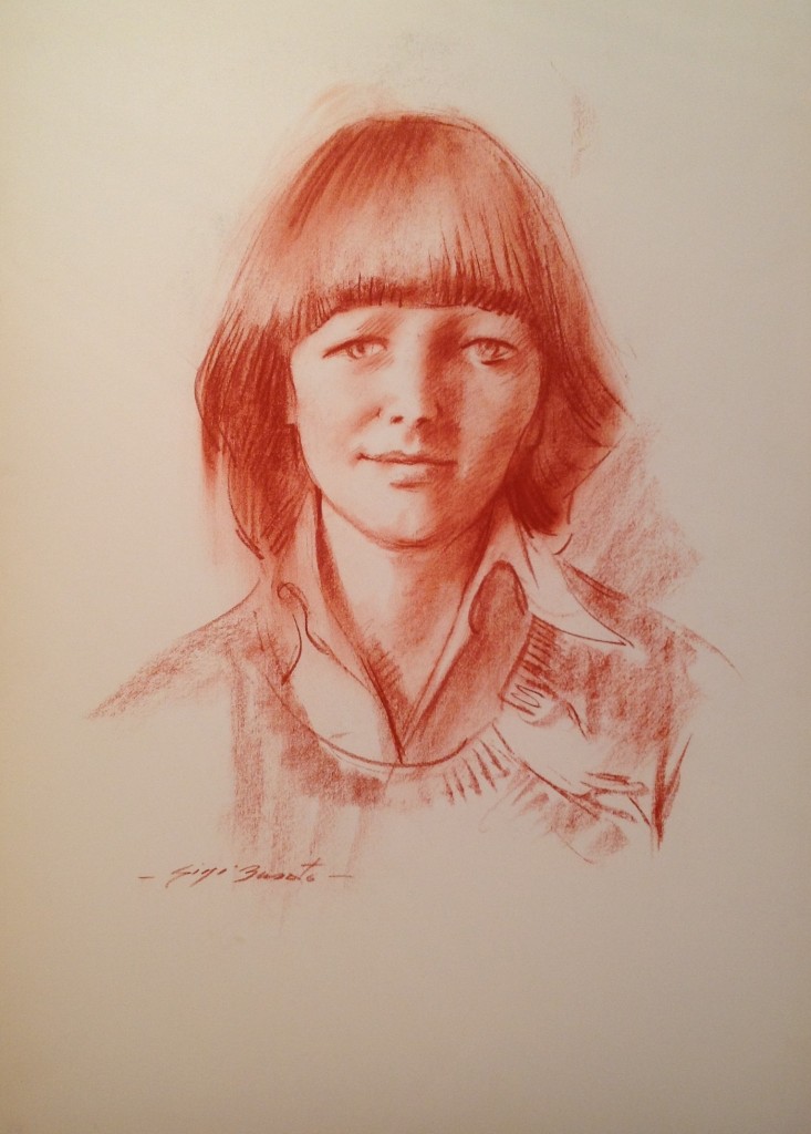 Il tempo delle mele di Gigi Busato. Ritratto di giovane ragazza con un caschetto. Disegno sanguigna su carta. Collezione di famiglia