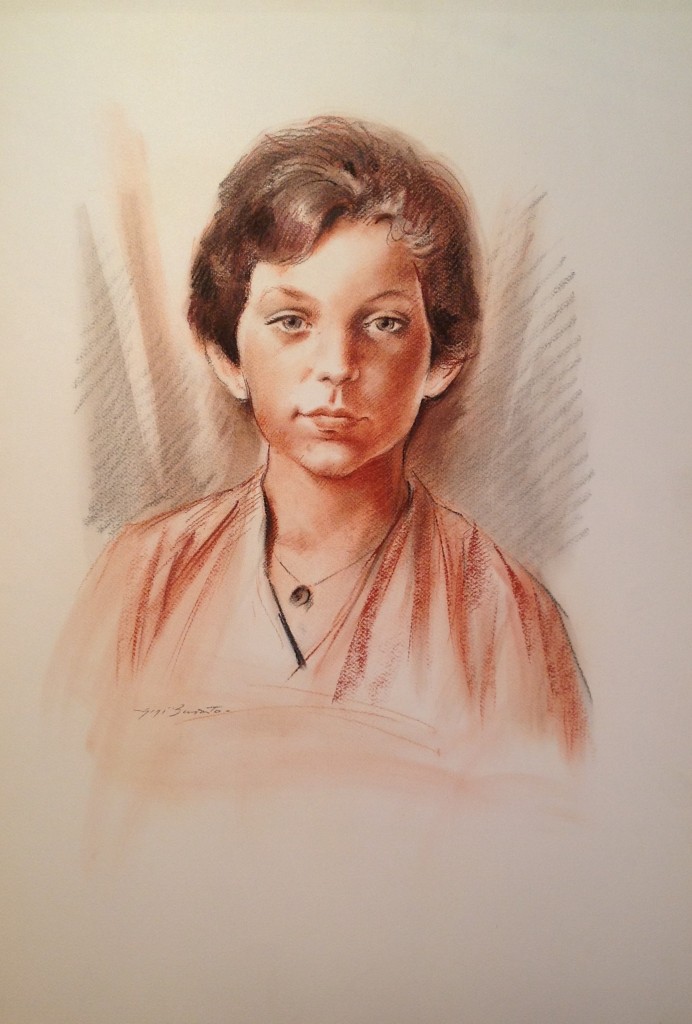 Talismano di Gigi Busato, ritratto di giovane ragazza con al collo un talismano. Disegno pastello su carta, collezione di famiglia