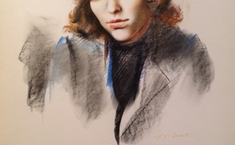 Ritratto di donna di Gigi Busato, donna in posa. Disegno pastello su carta, collezione di famiglia