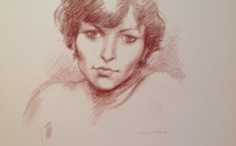 Cassandra di Gigi Busato, ritratto di volto di donna. Disegno sanguigna su carta , collezione di famiglia