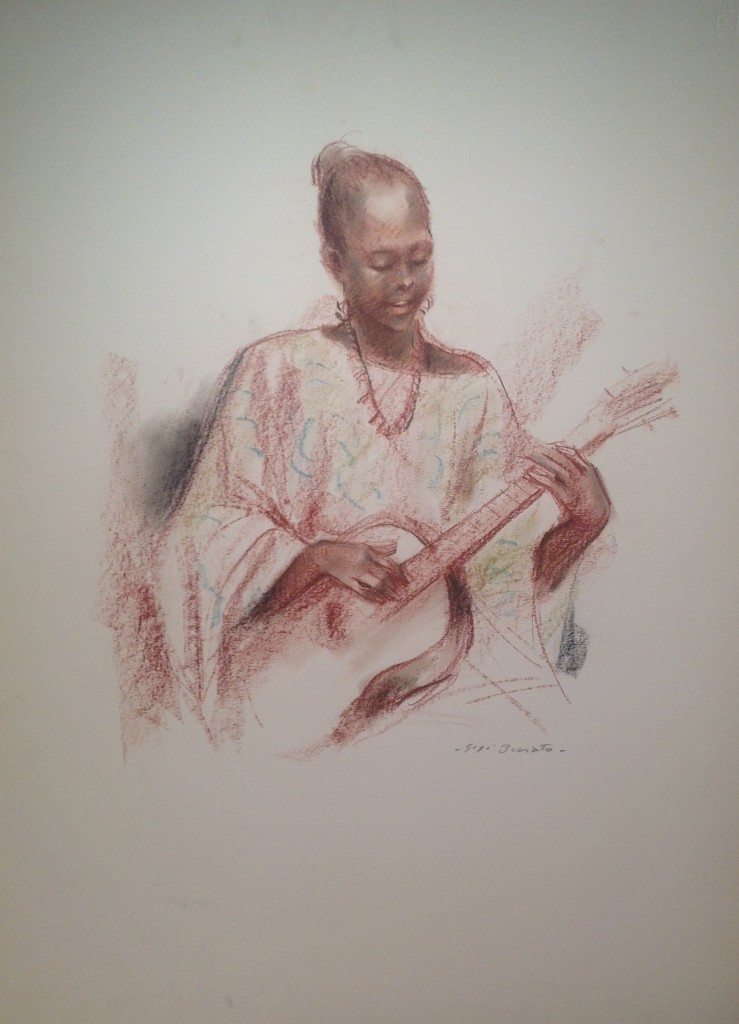 Suono africano di Gigi Busato. Ritratto di una donna di colore che suona allegramente la chitarra. Disegno pastello su carta, colorato, collezione di famiglia