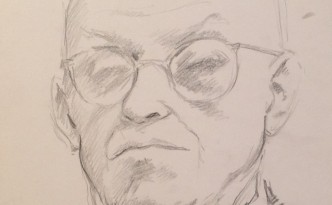 L'esame di Gigi Busato. Ritratto di un uomo con gli occhiali. Disegno matita su carta, collezione di famiglia