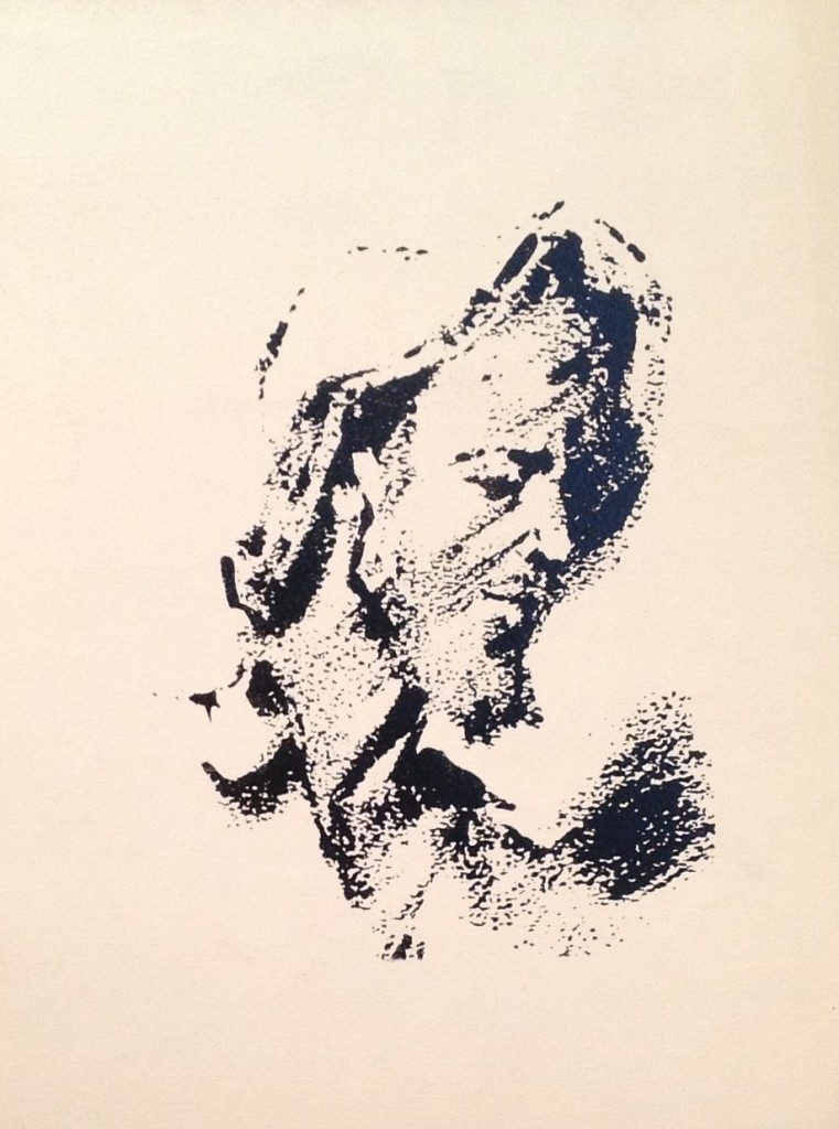 Profilo di Gigi Busato. Ritratto di un uomo. Disegno smalto su carta in bianco e entro. Collezione di famiglia