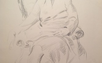 Sul trono di Gigi Busato. Ritratto di una donna seduta comoda in posa. Disegno matita su carta in bianco e nero. Collezione di famiglia