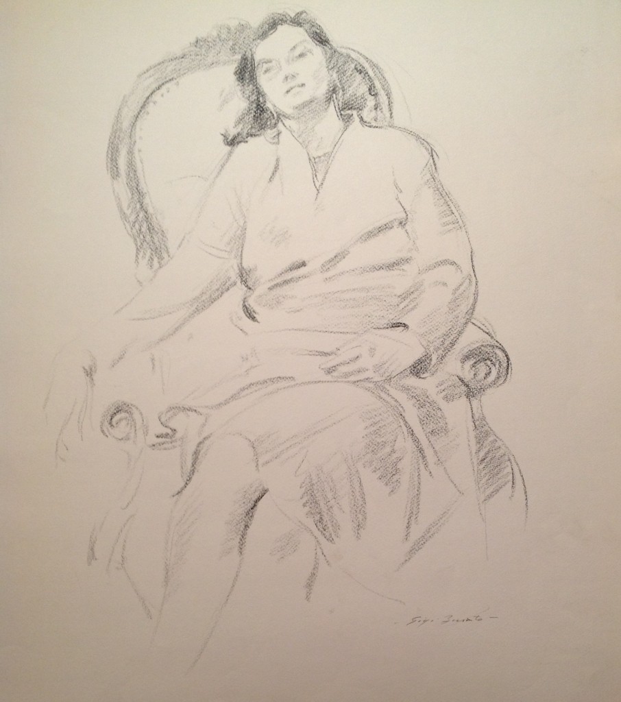 Sul trono di Gigi Busato. Ritratto di una donna seduta comoda in posa. Disegno matita su carta in bianco e nero. Collezione di famiglia
