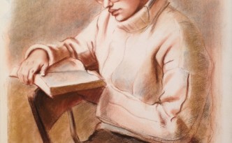 Chiara di Gigi Busato, ritratto di giovane donna che si dedica alla lettura. Disegno pastello su carta, collezione di famiglia