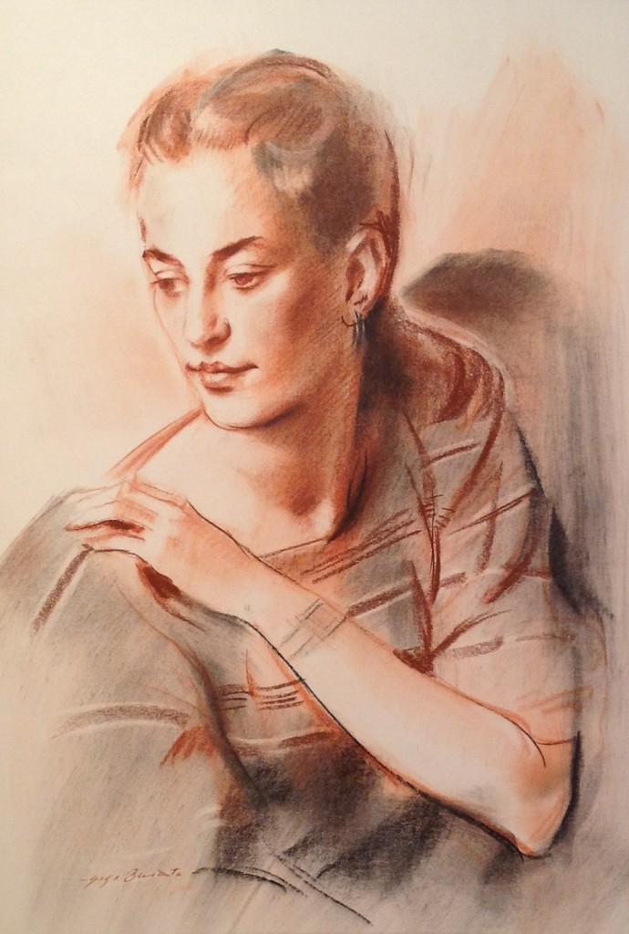 Indifferentemente di Gigi Busato. Ritratto di una giovane donna con aria indifferente. Disegno pastello su carta, collezione di famiglia