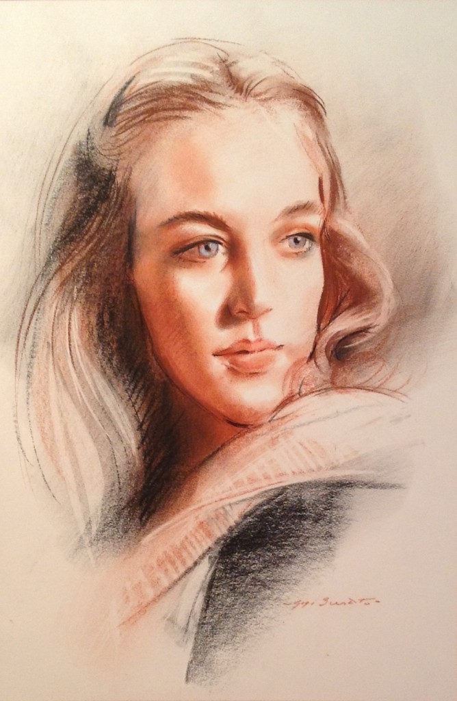 Flaminia di Gigi Busato. Ritratto di giovane donna dallo sguardo rapito. Disegno pastello su carta, collezione di famiglia
