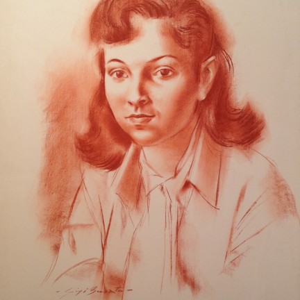 Blusa di Gigi Busato. Ritratto di giovane donna. Disegno sanguigna su carta, collezione di famiglia