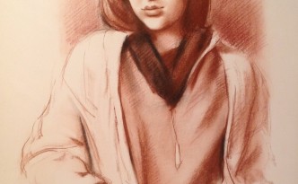 Manu Manu di Gigi Busato, giovane donna in posa. Disegno sanguigna/seppia su carta. Collezione di famiglia