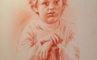 El bocia di Gigi Busato. ritratto di un piccolo bambino in posa. Disegno sanguigna su carta, collezione di famiglia