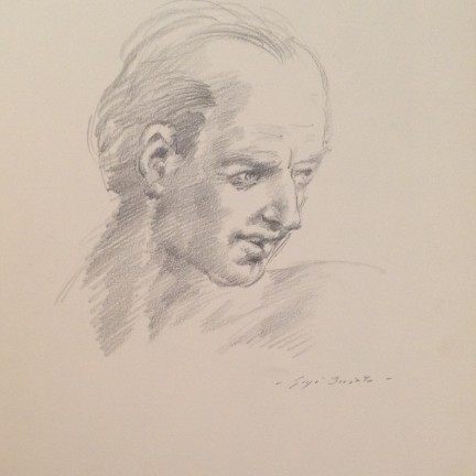 Mira di Gigi Busato. Ritratto del profilo di un uomo. Disegno a matita su carta bianco e nero, collezione di famiglia