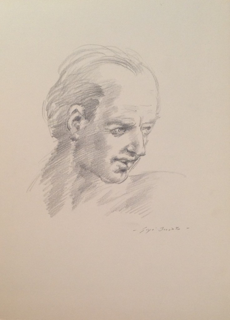 Mira di Gigi Busato. Ritratto del profilo di un uomo. Disegno a matita su carta bianco e nero, collezione di famiglia