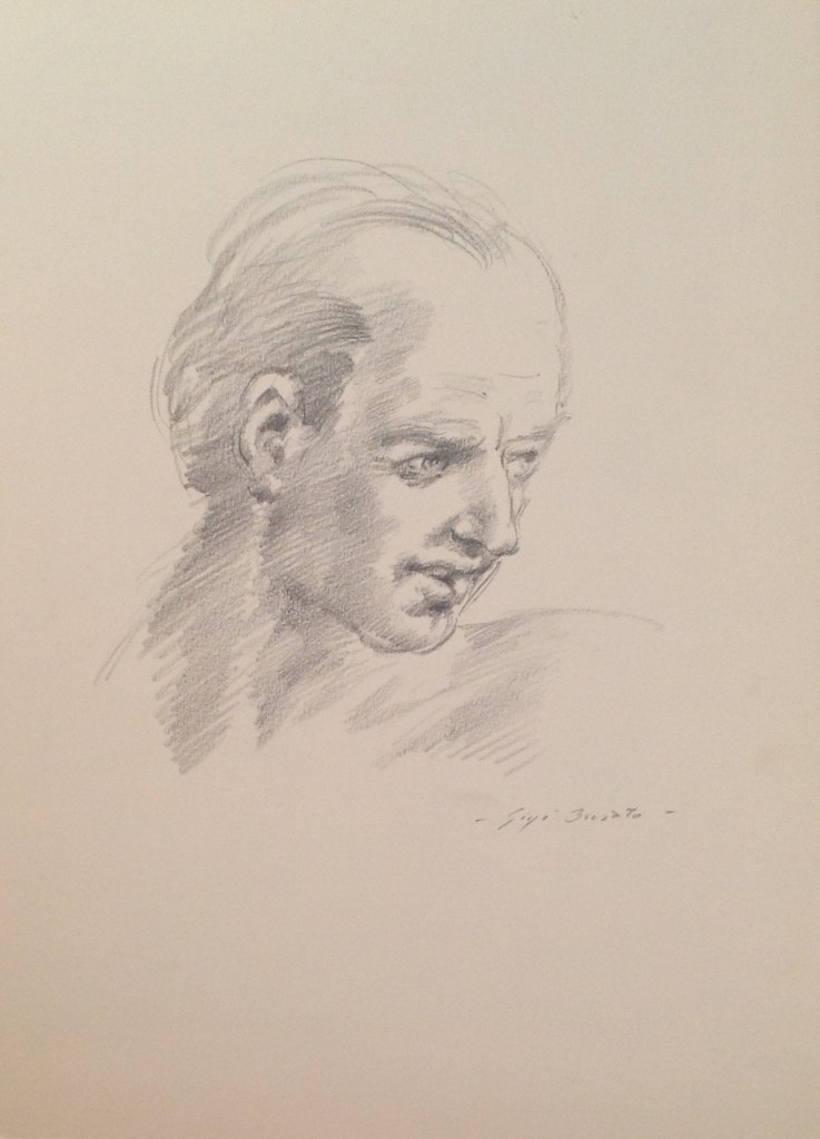 Mira di Gigi Busato. Ritratto del profilo di un uomo. Disegno a matita su carta bianco e nero, collezione di famiglia