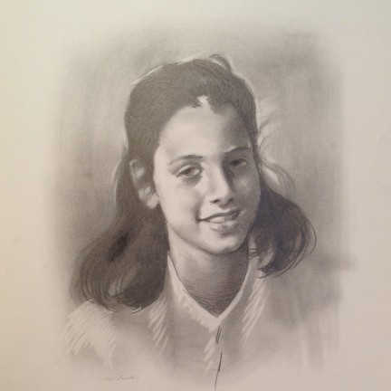 Ritratto di Gigi Busato. Giovane ragazza in posa, disegno matita su carta bianco e nero. Collezione di famiglia