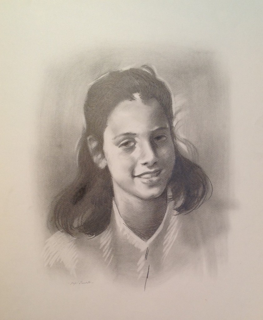 Ritratto di Gigi Busato. Giovane ragazza in posa, disegno matita su carta bianco e nero. Collezione di famiglia