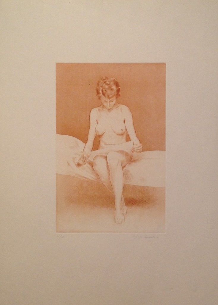 Quella notizia di Gigi Busato, donna nuda seduta con un foglio in mano. Acquaforte collezione di famiglia