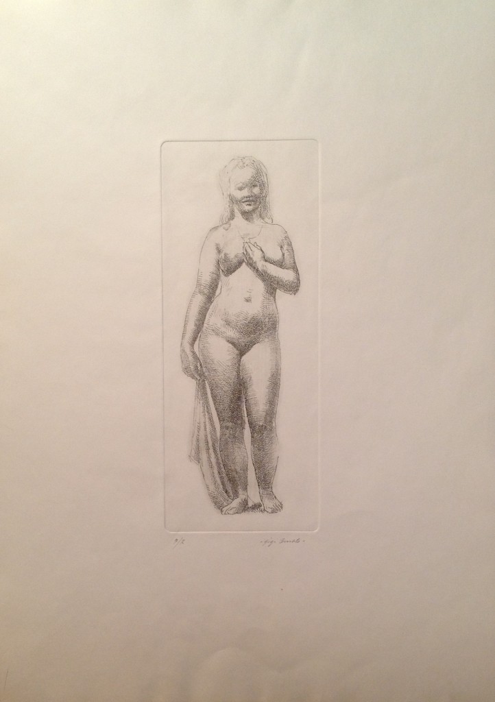 Nudo di donna, di Gigi Busato donna nuda con un velo in mano. Acquaforte collezione di famiglia