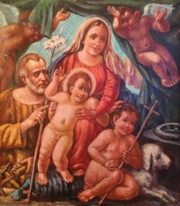 Bozzetto di Gigi Busato, immagine sacra della Madonna tra angeli e Gesù. Pittura olio si tela collezione di famiglia