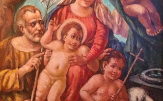 Bozzetto di Gigi Busato, immagine sacra della Madonna tra angeli e Gesù. Pittura olio si tela collezione di famiglia