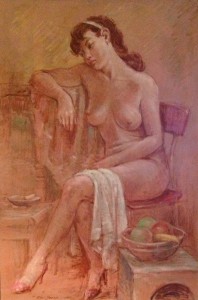 Malinconico desiderio, di Gigi Busato. Donna nuda seduta catturata dai suoi pensieri. Pittura olio su tavola, collezione di famiglia