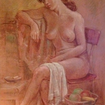 Malinconico desiderio, di Gigi Busato. Donna nuda seduta catturata dai suoi pensieri. Pittura olio su tavola, collezione di famiglia