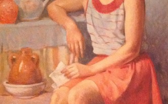 Serena d'estate di Gigi Busato, giovane donna seduta vicino ad un vaso di colorati fiori. Pittura olio su tela, collezione di famiglia