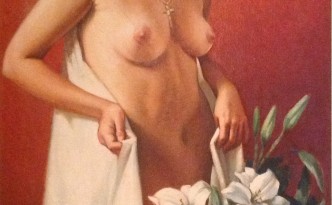 Nudo di donna di Gigi Busato. Pittura olio su tela donna nuda in posa davanti a dei fiori, collezione di famiglia