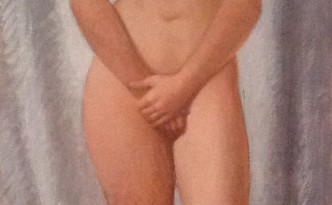 Nudo di Gigi Busato, donna nuda in posa. Pittura olio su tavola, collezione di famiglia