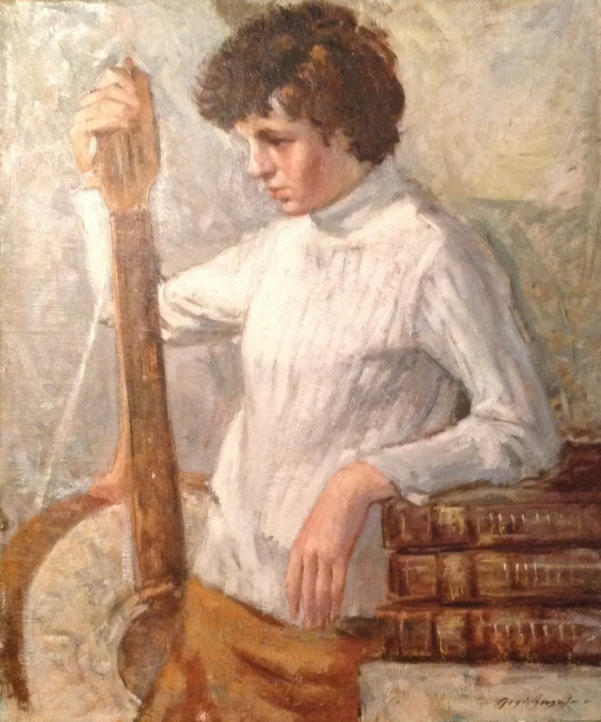Tiziana di Gigi Busato. Ritratto di una giovane ragazza con la sua chitarra. Pittura olio su tela, collezione di famiglia