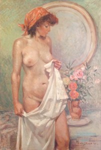 Dopo di Gigi Busato, donna nuda con un velo in mano davanti ad uno specchio ovale e un vado di fiori. Pittura olio su tavola, collezione di famiglia