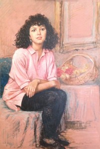 Donna in posa di Gigi Busato, giovane ragazza seduta. Pittura olio su tavola, collezione di famiglia