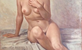 Io no di Gigi Busato, donna in posa seduta sul letto. Pittura olio su tavola, collezione di famiglia