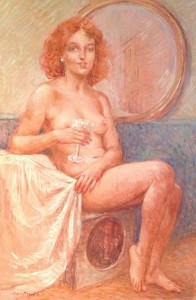 Brindare di Gigi Busato. Donna nuda seduta con un bicchiere in mano che brinda. Pittura olio su tavola