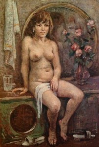 Un altro volto di Gigi Busato. Donna nuda seduta  davanti ad uno specchio dove è riflesso il volto di un'altra donna. Pittura olio su tavola, collezione di famiglia