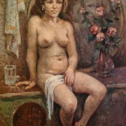 Un altro volto di Gigi Busato. Donna nuda seduta davanti ad uno specchio dove è riflesso il volto di un'altra donna. Pittura olio su tavola, collezione di famiglia