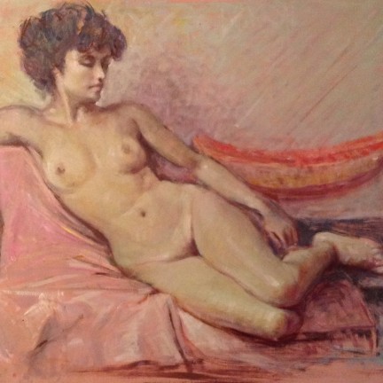 Nudo di donna, di Gigi Busato. Donna nuda distesa su un telo rosa. Pittura olio su tavola, collezione di famiglia