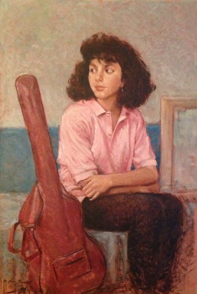 Lezione di Gigi Busato,giovane donna aspetta l'ora della sua lezione di chitarra. Pittura olio su tavola, collezione di famiglia