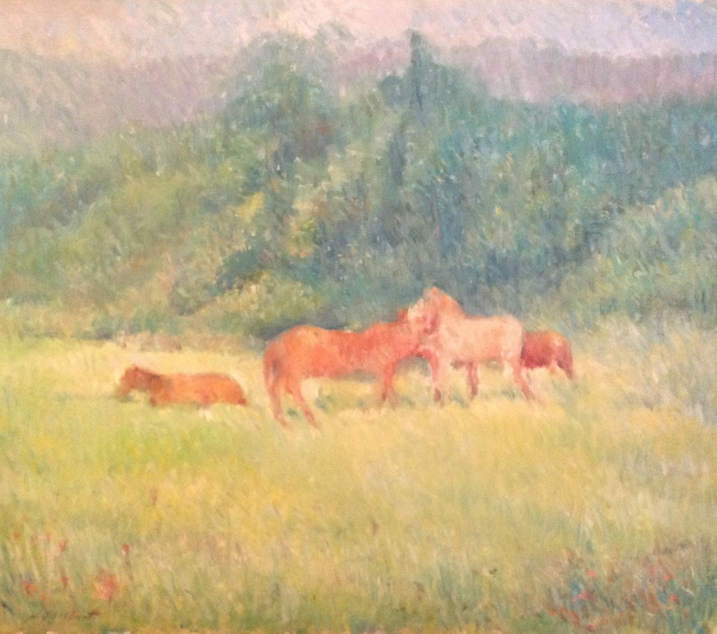 Natura e libertà di Gigi Busato pittura olio su tela cavalli nel verde. Collezione di famiglia