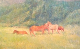 Natura e libertà di Gigi Busato pittura olio su tela cavalli nel verde. Collezione di famiglia