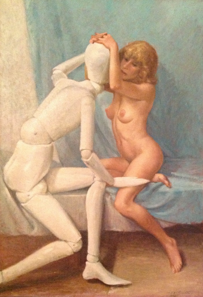 Nudo di Gigi Busato. Donna in posa con un manichino. Pittura olio su tela, collezione di famiglia
