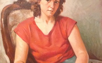 Mara di Gigi Busato ritratto di donna seduta in posa. Pittura olio su tavola. Collezione di famiglia