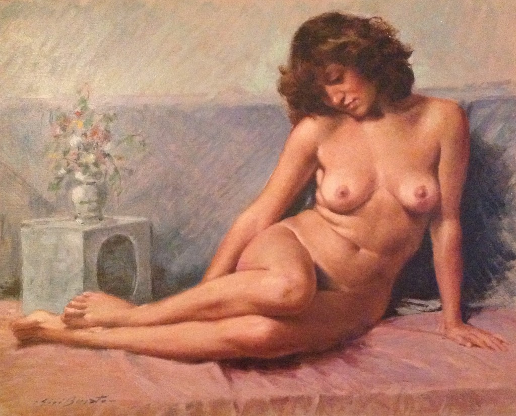 Nudo di Gigi Busato. Pittura olio su tavola donna nuda in posa. Collezione di famiglia