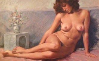 Nudo di Gigi Busato. Pittura olio su tavola donna nuda in posa. Collezione di famiglia