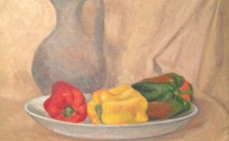 Peperoni di Gigi Busato. Pittura olio su tela, caraffa con dei peperoni nel piattino, collezione di famiglia