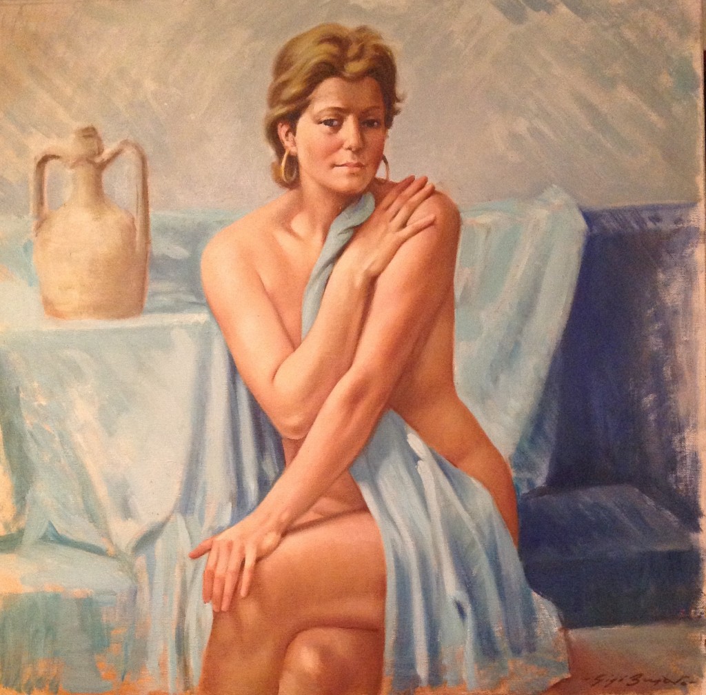 Nell'azzurro avvolta, di Gigi Busato pittura olio su tela, collezione di famiglia. Giovane donna nuda avvolta da un velo azzurro