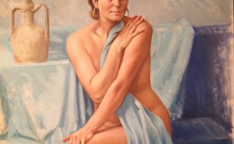 Nell'azzurro avvolta, di Gigi Busato pittura olio su tela, collezione di famiglia. Giovane donna nuda avvolta da un velo azzurro