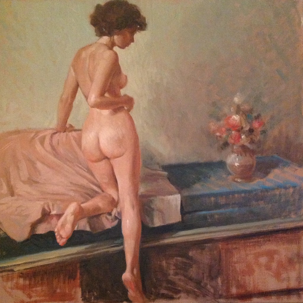 Lenta si muove di Gigi Busato, pittura olio su tela, collezione di famiglia. Donna nuda in posa .