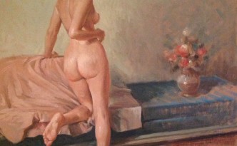 Lenta si muove di Gigi Busato, pittura olio su tela, collezione di famiglia. Donna nuda in posa .